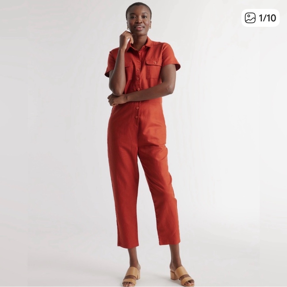 Quince Red Short-Sleeve Button-Front Jumpsuit